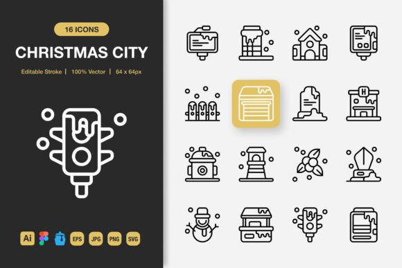 Christmas City Outline Icons Graphics