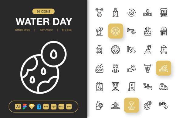 World Water Day Outline Icons for Graphics and Branding